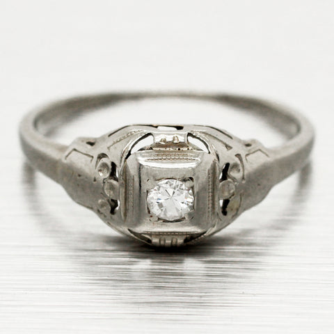 Antique Art Deco 0.10ct Solitaire Diamond Filigree Ring - 18k White Gold