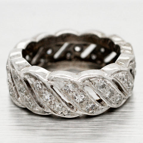 1930s Antique Art Deco 14k Solid White Gold 0.78ctw Diamond Swirl Ring