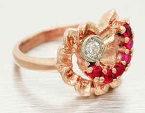 Antique Art Deco 0.50ctw Ruby & Diamond Floral Cocktail Ring - 14k Rose Gold