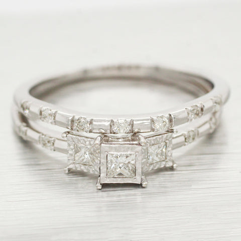 Vintage 0.65ctw Diamond Wedding Ring Bridal Set - 14k White Gold Band & Ring
