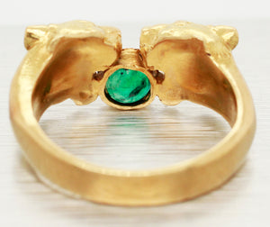 Vintage 0.40ct Emerald Dual Lion Head Band Ring - 18k Yellow Gold - Size 9