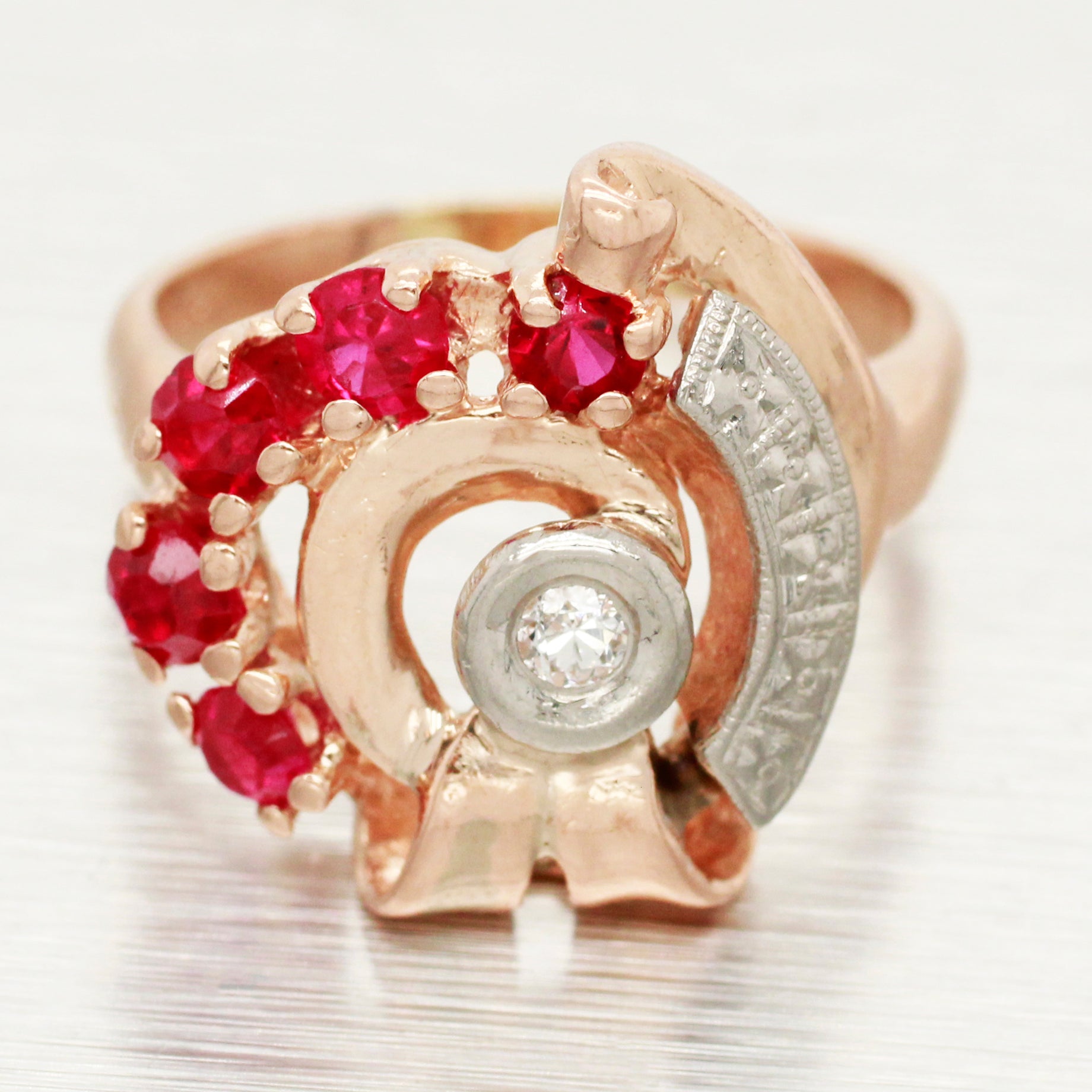 Antique Art Deco 0.50ctw Ruby & Diamond Spiral Cocktail Ring - 14k Rose Gold