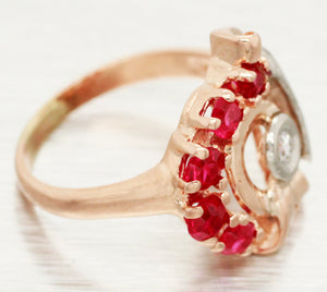 Antique Art Deco 0.50ctw Ruby & Diamond Spiral Cocktail Ring - 14k Rose Gold