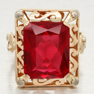 Antique Art Nouveau 14ct Rectangle Ruby Cocktail Ring - 18k Yellow Gold - Size 7