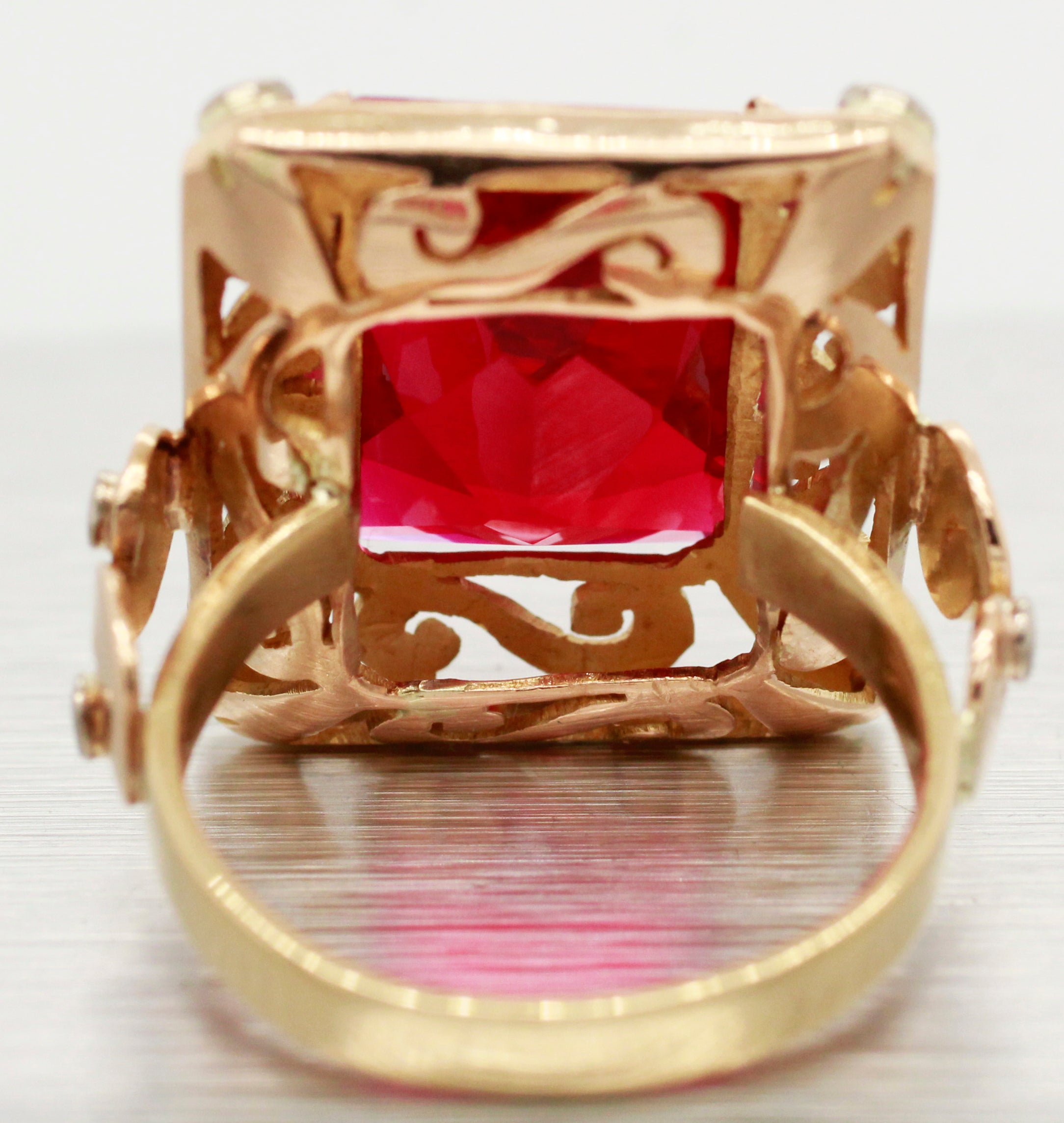 Antique Art Nouveau 14ct Rectangle Ruby Cocktail Ring - 18k Yellow Gold - Size 7