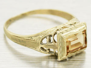 Antique Art Deco 0.60ct Yellow Citrine Ring - 14k Yellow Gold Filigree Band