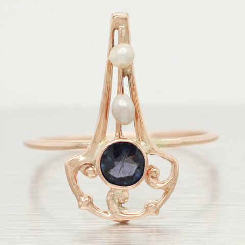 Antique Art Deco Pearl & Blue Stone Triangular Ring - 14k Yellow Gold - Size 7
