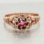 Antique Art Nouveau 0.17ctw Ruby & Diamond Flower Band Ring - 14k Rose Gold