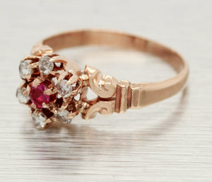 Antique Art Nouveau 0.17ctw Ruby & Diamond Flower Band Ring - 14k Rose Gold