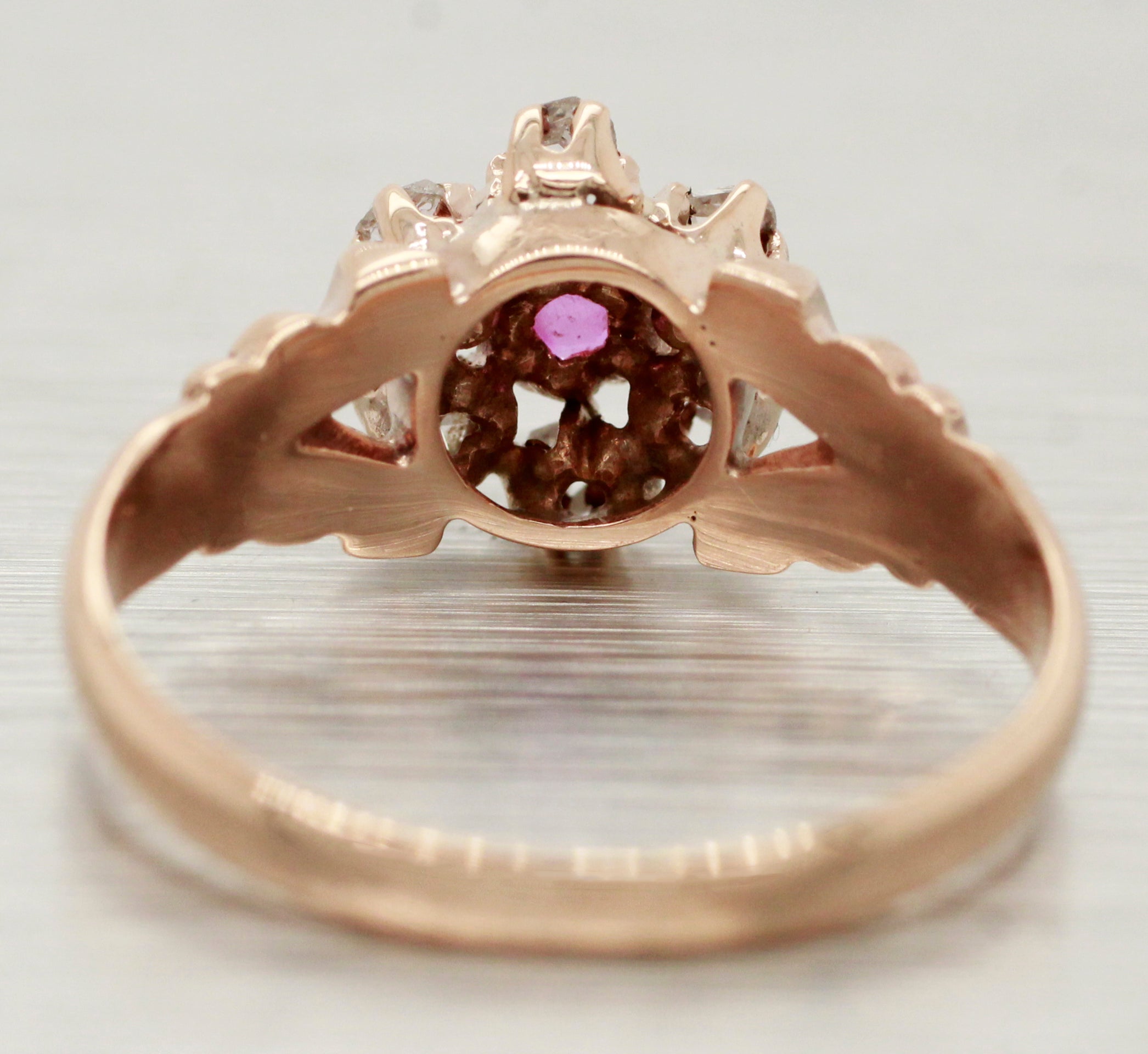 Antique Art Nouveau 0.17ctw Ruby & Diamond Flower Band Ring - 14k Rose Gold