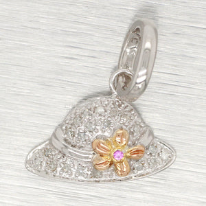 Vintage Pavé Diamond & Ruby Flower Sun Hat Pendant - 14k White Gold Charm