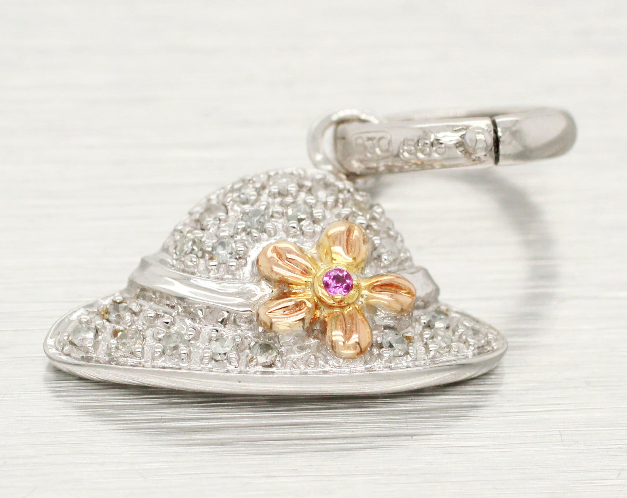 Vintage Pavé Diamond & Ruby Flower Sun Hat Pendant - 14k White Gold Charm