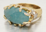 Andy C Blue Oval Gemstone & Diamond Ring -14k Yellow Gold Bark-Style Band