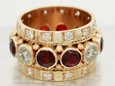 Vintage 2.00ctw Garnet & Diamond Ring - 14k Yellow Gold Milgrain Band