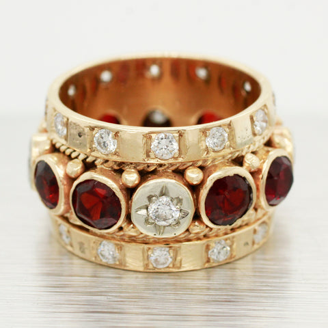 Vintage 2.00ctw Garnet & Diamond Ring - 14k Yellow Gold Milgrain Band