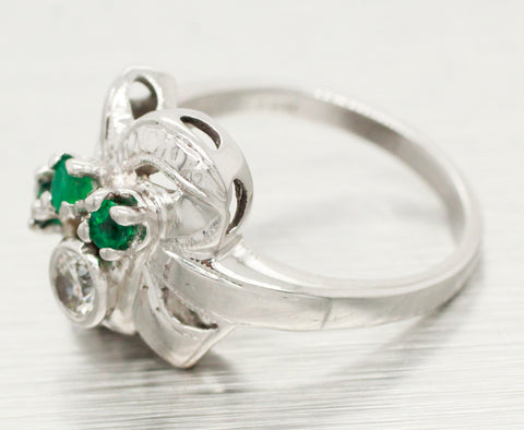 Antique Art Deco 0.40ctw Emerald & Diamond Ribbon Ring - 14k White Gold Swirl