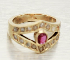 Antique Art Deco Ruby & Rose Cut Diamond Ring - 14k Yellow Gold Split Shank Band