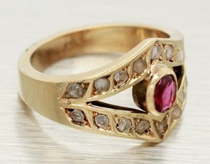 Antique Art Deco Ruby & Rose Cut Diamond Ring - 14k Yellow Gold Split Shank Band