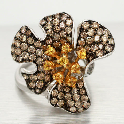 Samuel Benham Citrine & Champagne Diamond Flower Ring - 14k White Gold