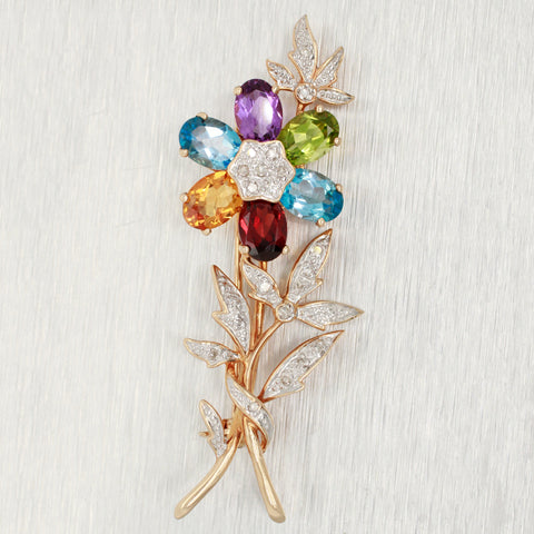 JCR Rinker Flower Brooch Pin - Multi Gemstone & Diamonds - 14k Yellow Gold