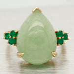 Vintage Large Jade Teardrop Cocktail Ring - Emerald Accents - 14k Yellow Gold