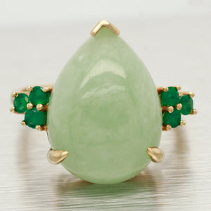 Vintage Large Jade Teardrop Cocktail Ring - Emerald Accents - 14k Yellow Gold