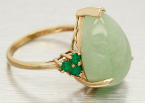 Vintage Large Jade Teardrop Cocktail Ring - Emerald Accents - 14k Yellow Gold