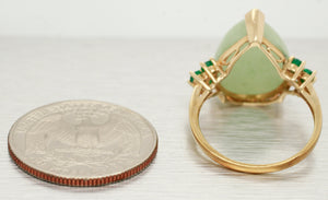 Vintage Large Jade Teardrop Cocktail Ring - Emerald Accents - 14k Yellow Gold