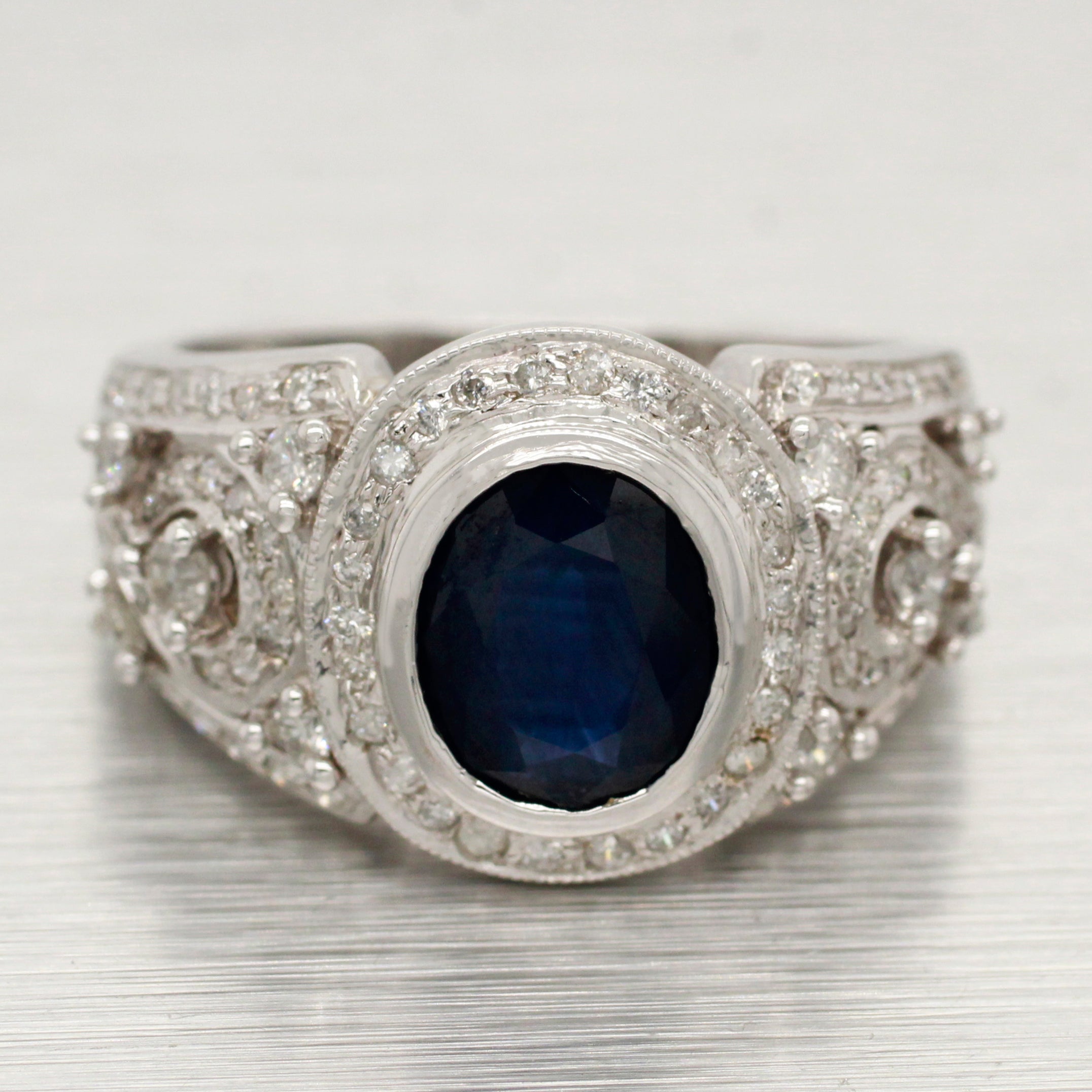 Vintage 1.50ct Sapphire Band Ring - 1.00ctw Diamond Accents - 14k White Gold