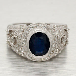 Vintage 1.50ct Sapphire Band Ring - 1.00ctw Diamond Accents - 14k White Gold