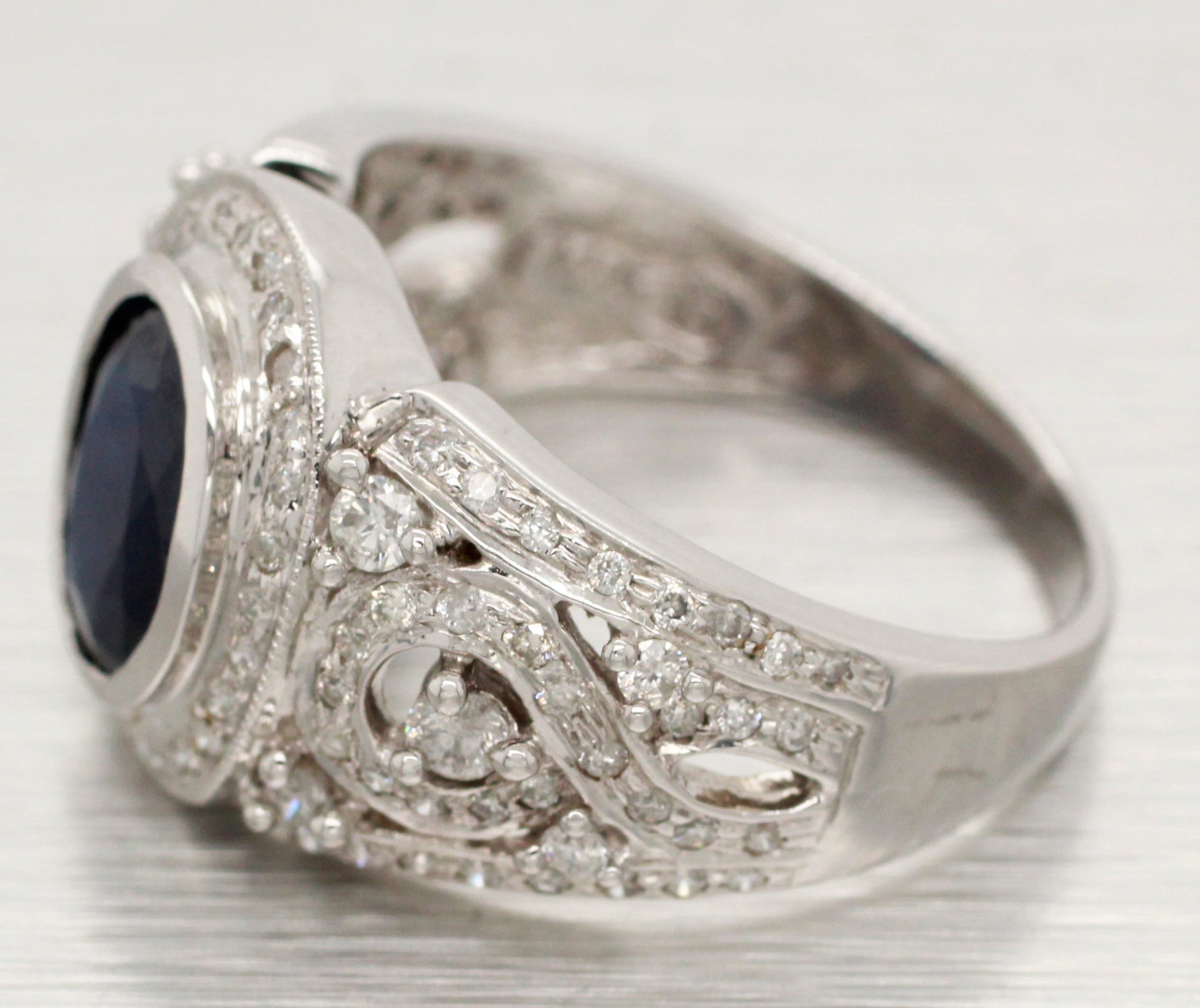 Vintage 1.50ct Sapphire Band Ring - 1.00ctw Diamond Accents - 14k White Gold