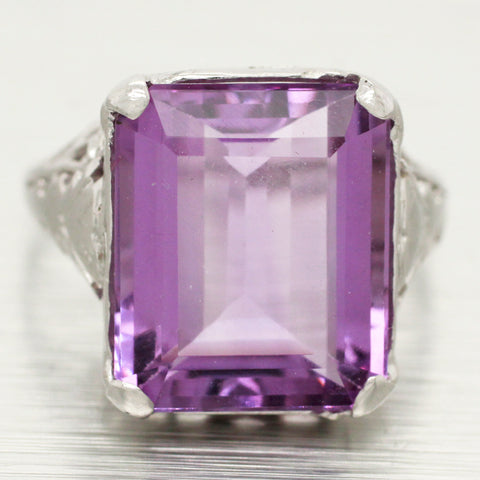 Antique Art Deco Solitaire Amethyst Cocktail Ring- 14k White Gold