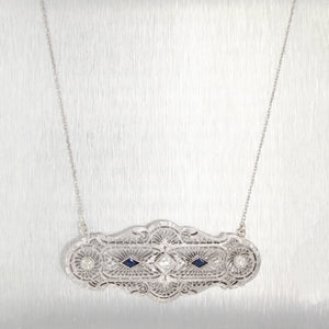 Antique Art Deco 0.45ctw Diamond & Sapphire Pendant | 14k White Gold Necklace