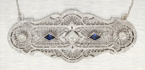 Antique Art Deco 0.45ctw Diamond & Sapphire Pendant | 14k White Gold Necklace