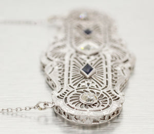 Antique Art Deco 0.45ctw Diamond & Sapphire Pendant | 14k White Gold Necklace