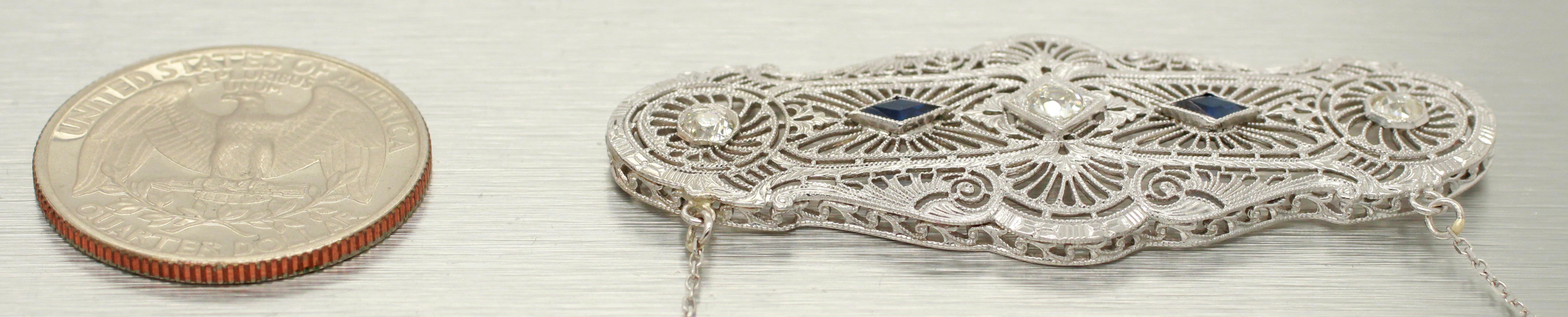 Antique Art Deco 0.45ctw Diamond & Sapphire Pendant | 14k White Gold Necklace