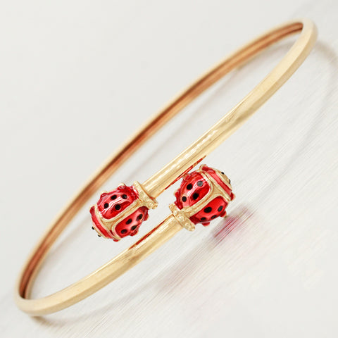 Vintage Ladybug Gold Bangle Bracelet - 14k Yellow Gold Red Enamel - 7"