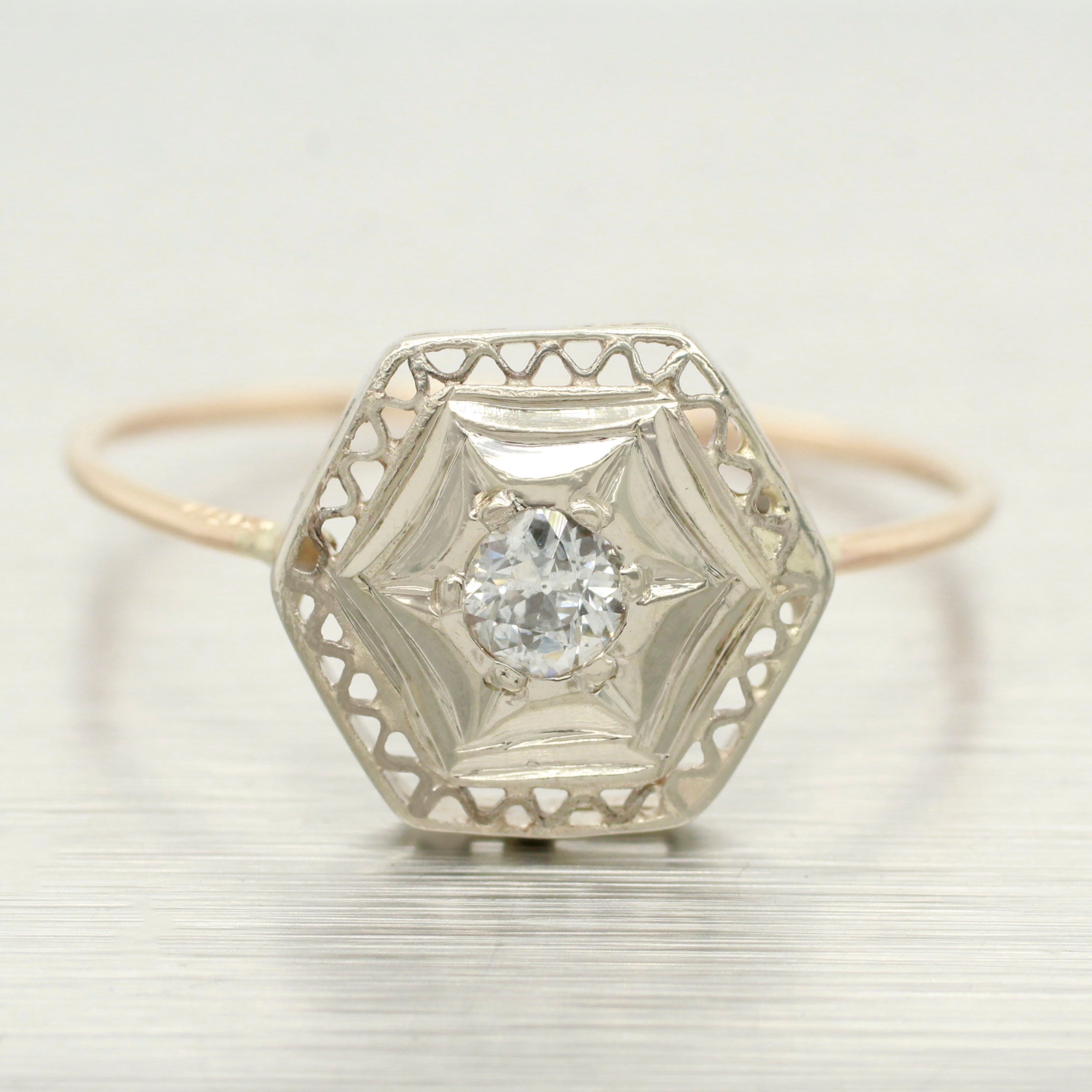 Antique Art Deco 0.15ct Diamond Hexagon Ring - 14k White Gold & Yellow Gold Band