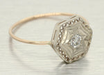 Antique Art Deco 0.15ct Diamond Hexagon Ring - 14k White Gold & Yellow Gold Band