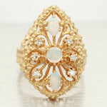 Vintage Opal & Diamond Cocktail Ring - 14k Yellow Gold Teardrop Filigree Setting