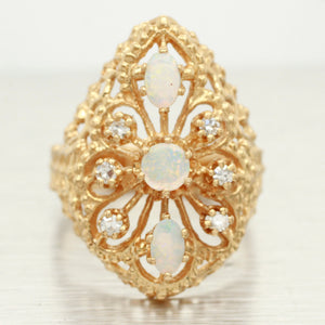 Vintage Opal & Diamond Cocktail Ring - 14k Yellow Gold Teardrop Filigree Setting