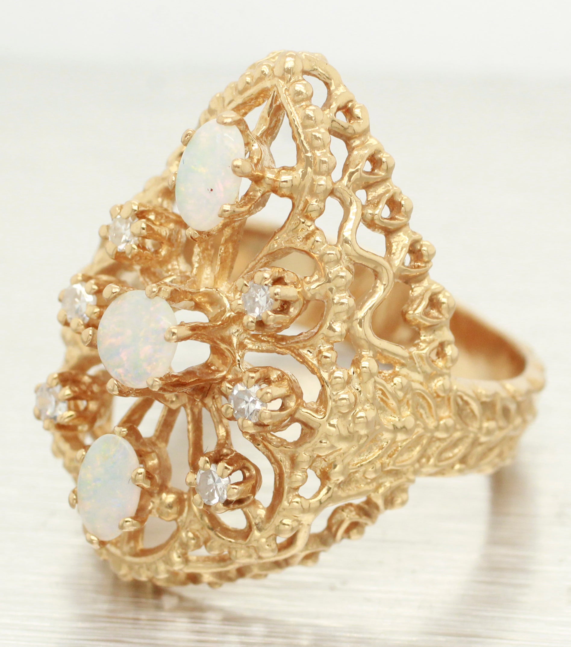 Vintage Opal & Diamond Cocktail Ring - 14k Yellow Gold Teardrop Filigree Setting