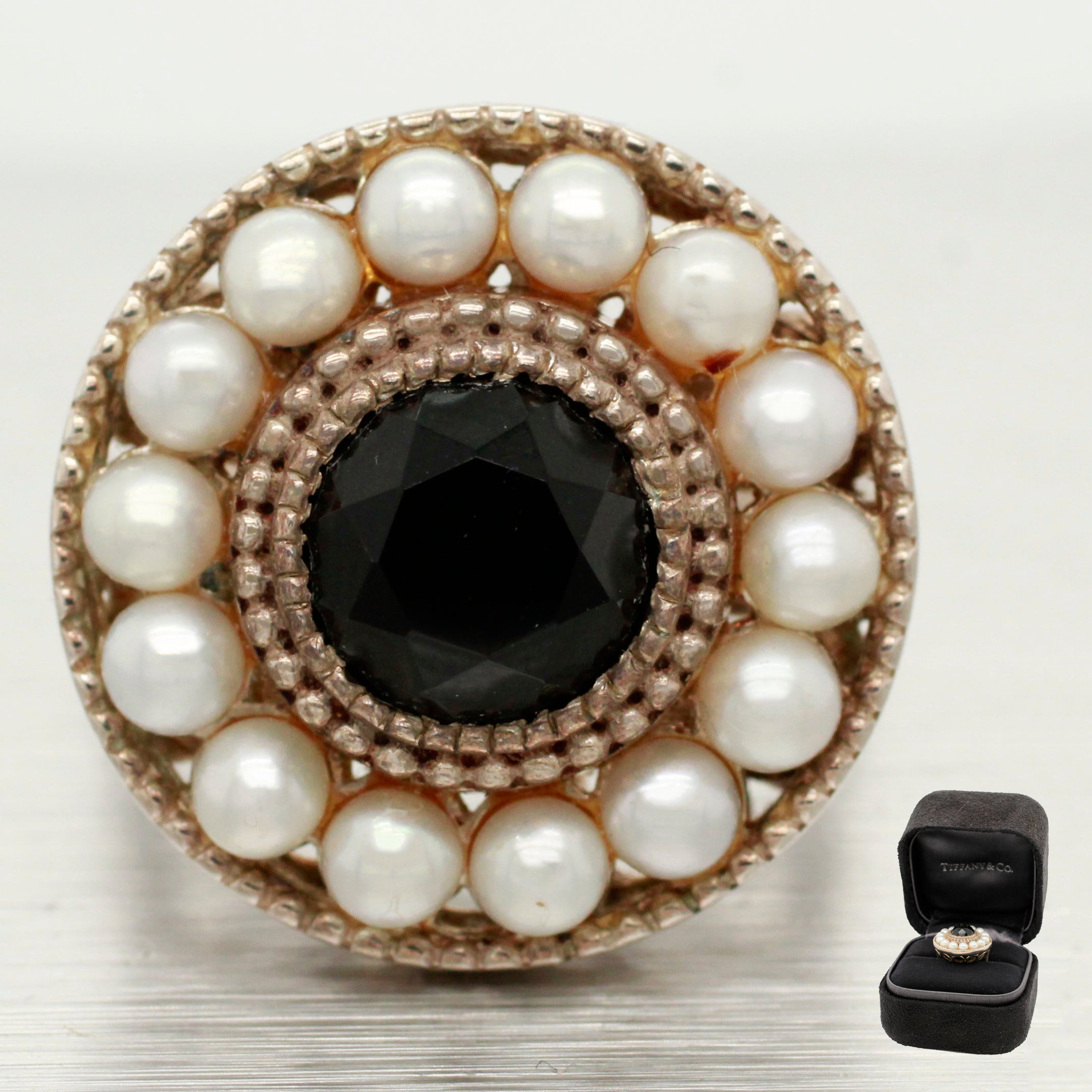 Tiffany & Co. Onyx & Pearl Halo Cocktail Ring - Ziegfield 925 Sterling Siver