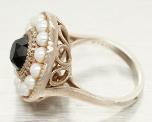 Tiffany & Co. Onyx & Pearl Halo Cocktail Ring - Ziegfield 925 Sterling Siver