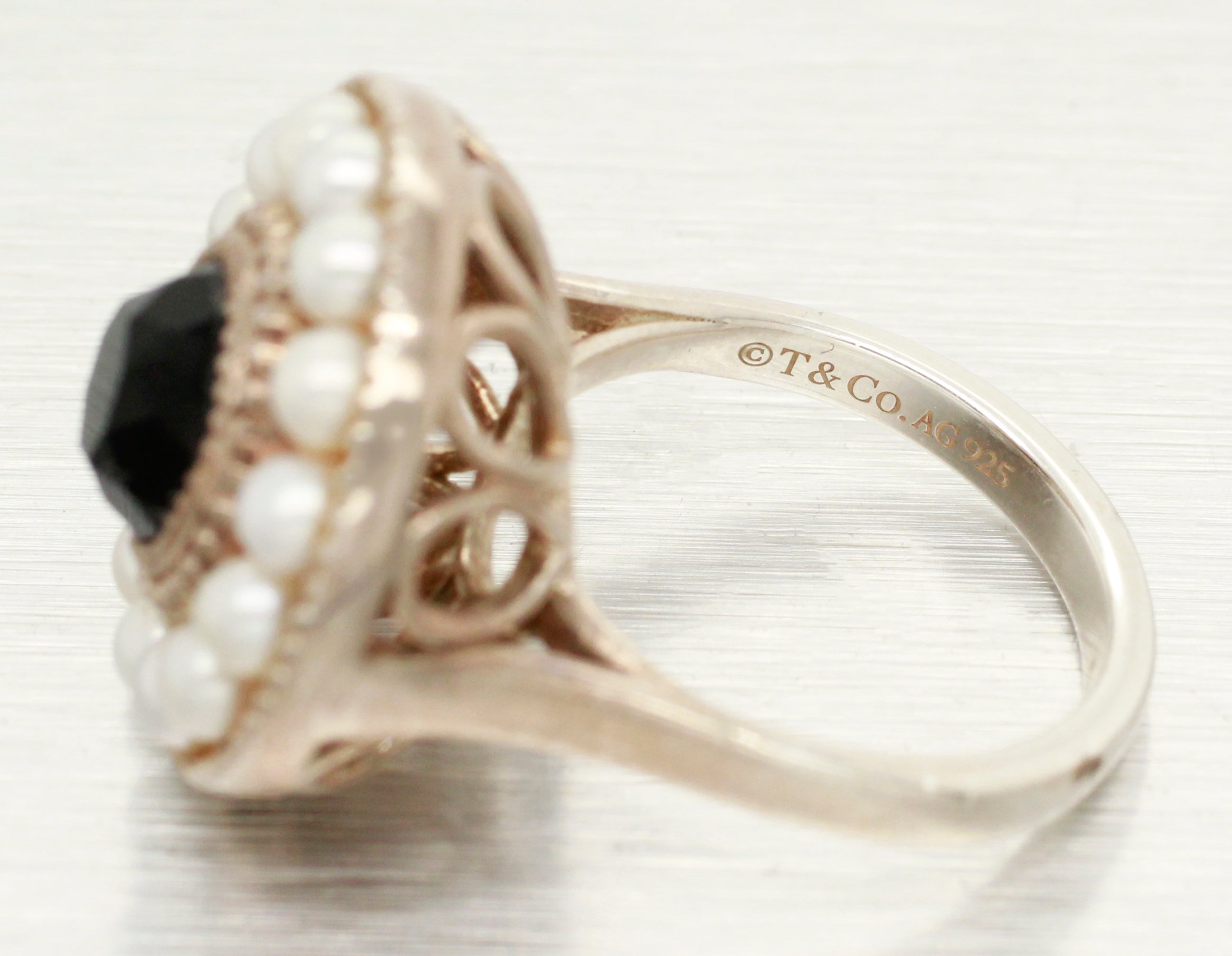 Tiffany & Co. Onyx & Pearl Halo Cocktail Ring - Ziegfield 925 Sterling Siver