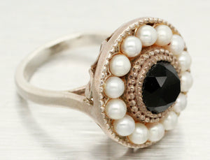 Tiffany & Co. Onyx & Pearl Halo Cocktail Ring - Ziegfield 925 Sterling Siver