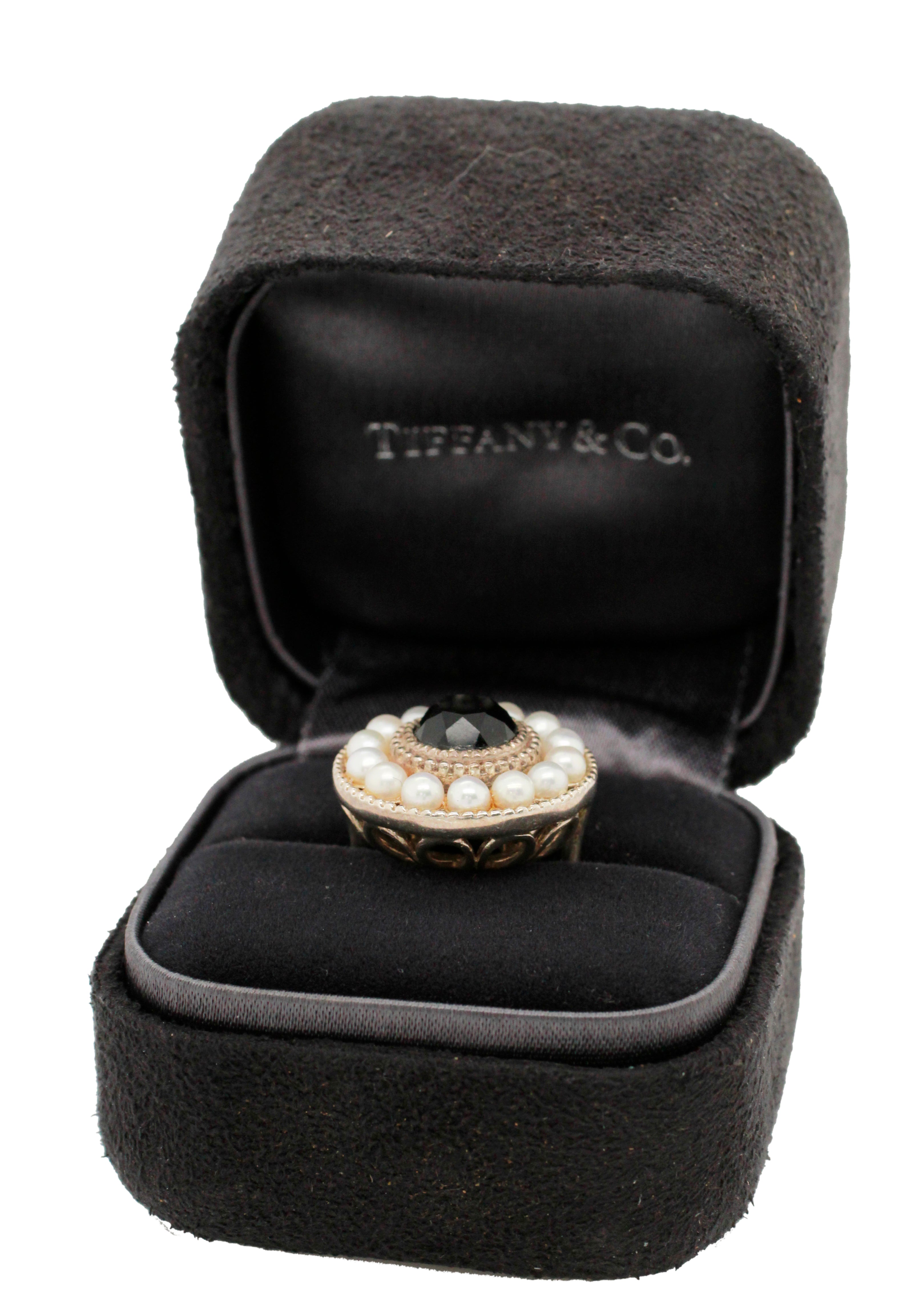 Tiffany & Co. Onyx & Pearl Halo Cocktail Ring - Ziegfield 925 Sterling Siver