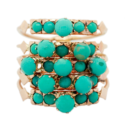 Victorian Turquoise Harem Ring - 14k Yellow Gold; Five Band Ring