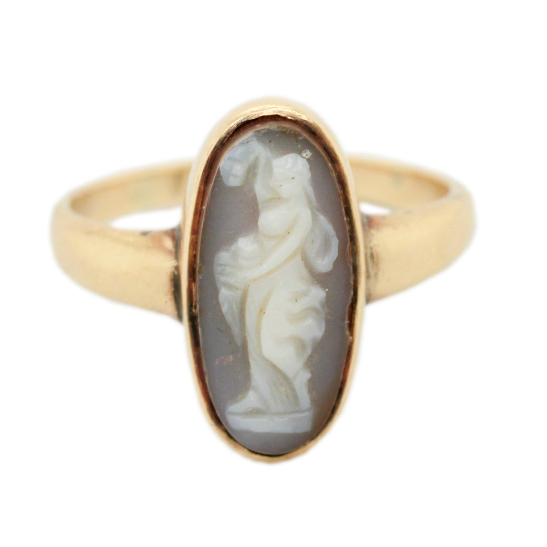 Vintage Gray Classical Woman Cameo Oval Ring in 14k Yellow Gold - Size 7.25