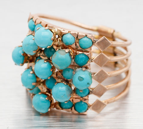 Victorian Turquoise Harem Ring - 14k Yellow Gold; Five Band Ring